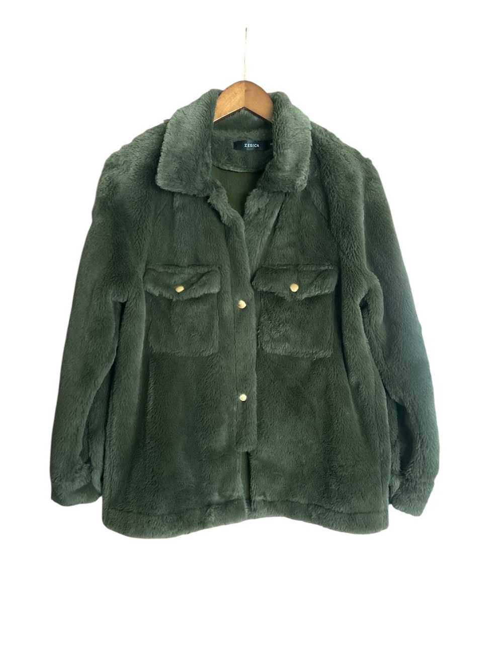 Zesica Olive Green Faux Fur With Gold Snaps Jacket